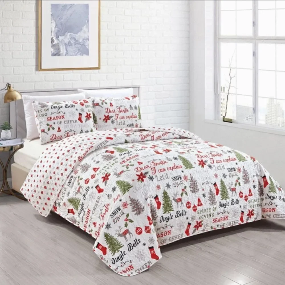 Farmhouse Christmas Carol Printed Quilted Bed Set Holiday Cheer Tis the Season